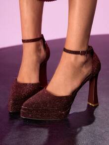 CUCCOO LuxiPop Women's Thick-Soled Buckle Design Shiny Party Occasion High Heels - Burgundy - View 3