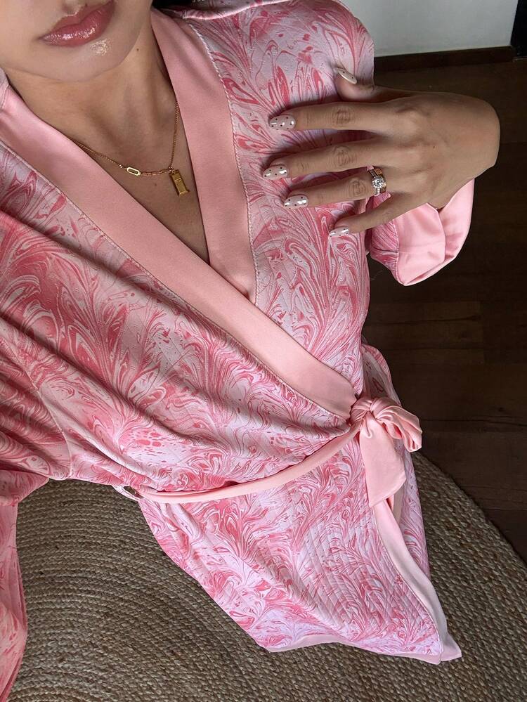 Women's Allover Print & Solid Color Patchwork Bathrobe
