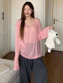 DAZY Solid Color Lightweight Semi-Sheer Cover Up Top & Long Pajama Pants Women Sleepwear Set - Pink - View 3