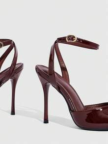 CUCCOO SZL Women's Fashion Pointed Toe Ankle Strap Stiletto High Heel Pumps, Suitable For Commuting, Dating, Party, Wedding And Other Occasions Valentine's Day - Mirror burgundy - View 5