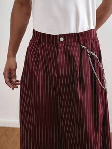 TOKVUE Pantalones de pierna ancha a rayas para hombre, pantalones holgados plisados a rayas finas, ropa de calle casual para ir al trabajo, estilo elegante de dinero antiguo para otoño - Óxido marrón - Ver 4