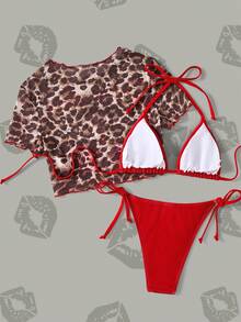 Betty Boop x SHEIN Women's Summer Vacation Beach Cartoon Pattern Halter Bikini Set And Cover-Up Top - Red - View 2