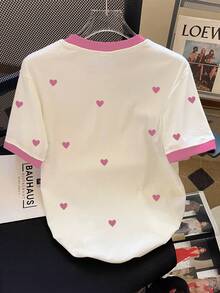 Resyla Women's Casual Heart Print Contrast Trim Round Neck Short Sleeve T-Shirt, Summer - Pink - View 2