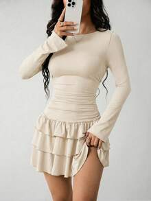 SHEIN PETITE 女款優雅純色荷葉邊下擺黑色長袖洋裝，奶油色洋裝，適合嬌小女性 - 杏色 - 查看 6