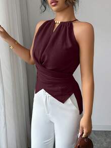 Elenzga Áo kiểu quấn cổ yếm màu trơn dành cho nữ, thích hợp cho mùa hè. - Màu Đỏ Sâu - Xem 6