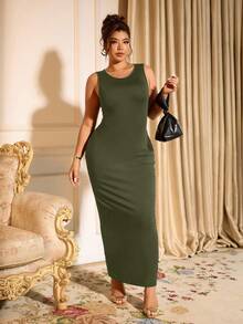 Cravure Plus Size Elegant Solid Color Sleeveless Fitted Dress, Summer - Army Green - View 7