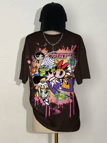 THE POWERPUFF GIRLS X SHEIN Women's Casual Cartoon Pattern Round Neck Short Sleeve T-Shirt, Summer - White - View 5