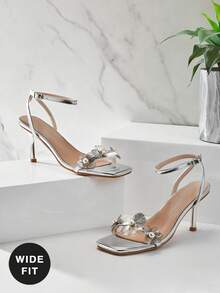 SHUZIA 女士宽楦花朵装饰细高跟日常派对性感沙滩优雅金属PU金色高跟凉鞋 - 銀色 - 查看 1