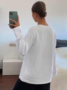 DAZY Women's Loose Fit Round Neck Long Sleeve Casual Sports T-Shirt With Graphic & Letter Embroidery, Spring/Autumn - White - View 2