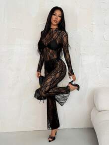 SHEIN PETITE 1pc Women Asymmetric Collar Sparkly Mesh Long Sleeve Fashion Top - Black - View 1
