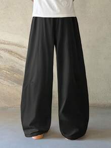 Manfinity Hypemode Men's Solid Color Drawstring Waist Casual Loose Pants Rave Spring To Summer Harajuku Pants - Black - View 4