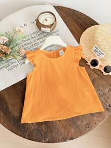 SHEIN LMoss Kids LMoss Baby Girl Woven Solid Color Ruffle Trim Fitted Top,Kids - Orange - View 2