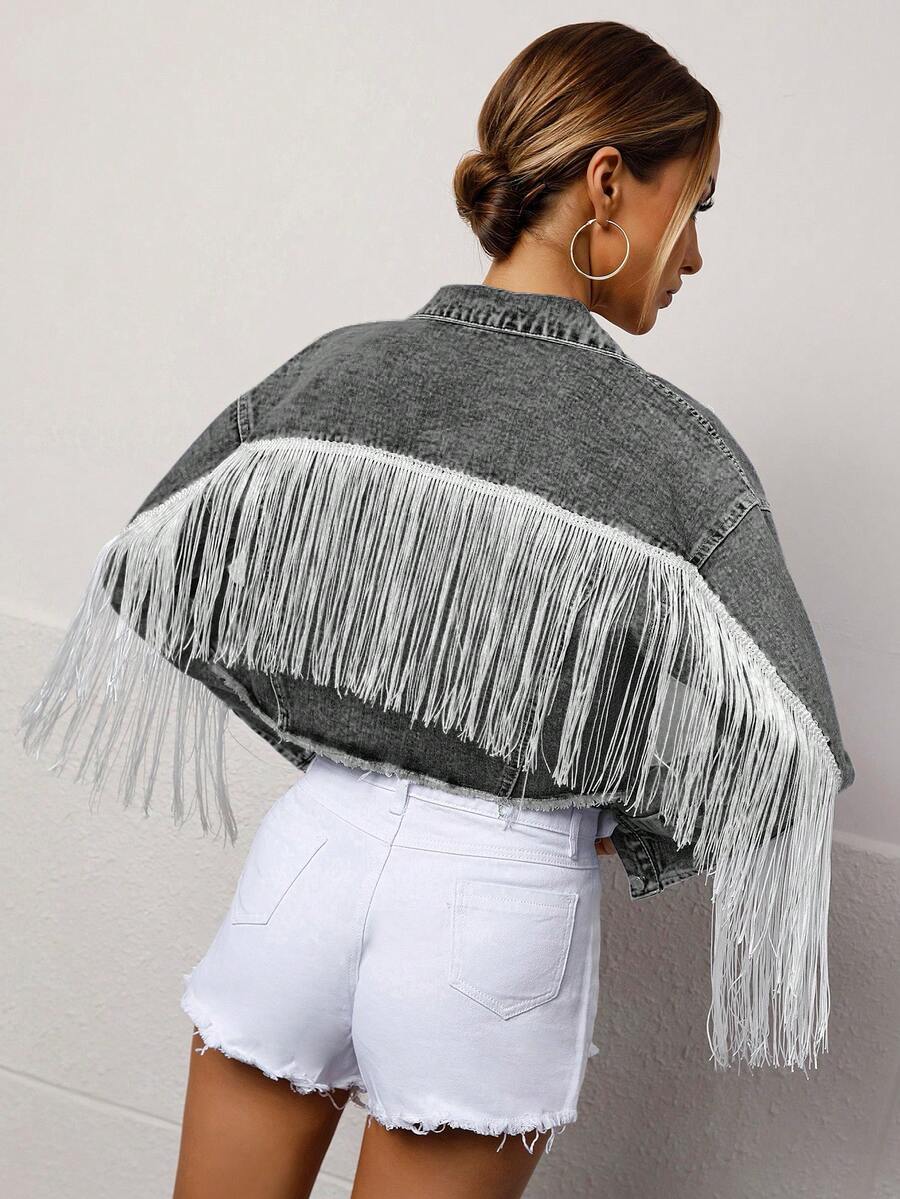 SHEIN Essnce Áo khoác denim lửng phong cách thường ngày, bạc màu, rách rưới, có tua rua trang trí. - Màu Xám nhạt - Xem 1