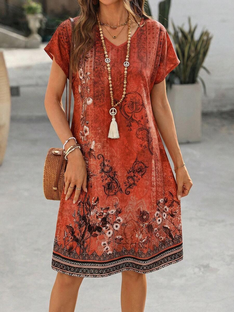 EMERY ROSE Women's Summer Short-Sleeved Dress With Geometric Pattern Print Loose Women Vacation Boho Casual Dress,Spring Dresses For - Orange - View 1
