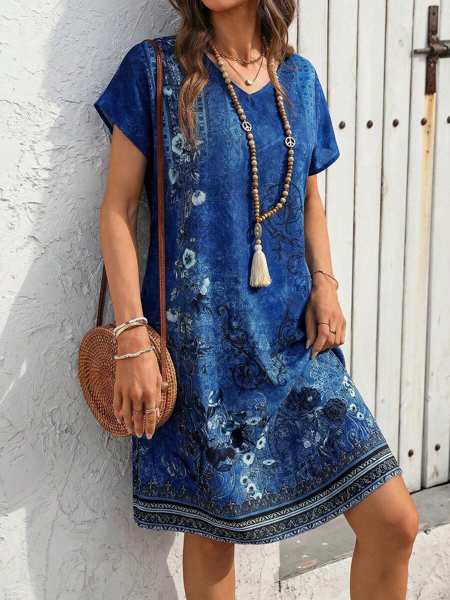 EMERY ROSE Đầm ngắn tay mùa hè cho nữ với họa tiết hình học, đầm hè phong cách boho, đầm thường ngày ngắn tay mùa hè cho nữ, đầm thường ngày cho nữ. - Màu xanh lam - Xem 1