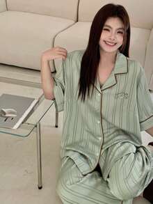 Dazy Plus 大码女士舒适条纹印花睡衣套装 - 綠色 - 查看 1