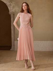 MOTF PREMIUM 女士褶皱撞色蕾丝优雅约会之夜无袖中长连衣裙，春夏款 - 粉色 - 查看 4