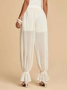 Travachic Women's Casual Apricot Plain Woven Fabric Parachute Long Pants With Ruffle Hem - Apricot - View 5