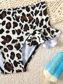 Young Girl Summer Fashion Resort Leopard Print Trim Top & Bottom 2 Pieces Set - Brown - View 3