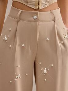 CLARA VERO Women's Solid Color Pleated Waist Belt Loop Wide Leg Pants, Elegant With Pearl Decor - Apricot - View 2