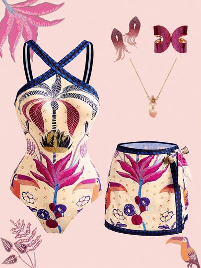 Swim Oasis Women's Summer Vacation Tropical Plant Print Criss-Cross One-Piece Swimsuit With Skirt 2 Pieces Swimwear Beach Outfit