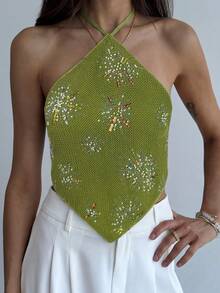 Aloruh Women's Sexy Sequin Backless Halter Top, Summer Beach Vacation Boho Tropical Raves Festival Country Concert Western Wear Summer Top - Green - View 2