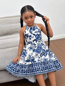 年轻女孩优雅简约露背印花无袖连衣裙 - 彩色 - 查看 4