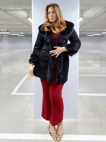 MelDlgn 大码黑色 Y2K 束腰 A 字形仿毛领长款大衣，秋冬 - 黑色 - 查看 1