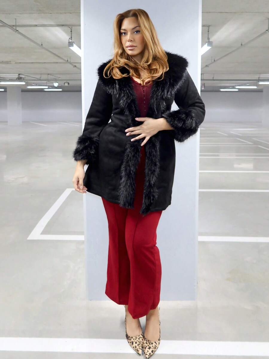 MelDlgn 大码黑色 Y2K 束腰 A 字形仿毛领长款大衣，秋冬 - 黑色 - 查看 1