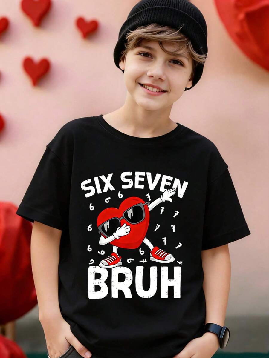 春夏男童休闲创意个性清新高端简约爱心卡通手势太阳镜标语印花宽松基础款短袖T恤，舒适日常穿着，适合春、夏、秋季、情人节氛围，上衣 - 黑色 - 查看 1