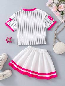 SHEIN Kids' 67 Number & Alphabet Print T-Shirt & Skirt 2-Piece Set - Cute 67th Party Outfit, Boys & Girls Short Sleeve Round Neck Top And Skirt, Casual Daily Fashion Streetwear - Hot Pink - View 8
