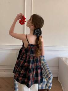 DAZY 少女日常休闲格子蝴蝶结装饰吊带背心 - 酒紅色 - 查看 3