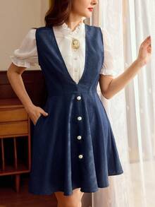 Vintamour Đầm ngắn ôm dáng kiểu sinh viên cổ điển dành cho nữ, cài cúc, màu xanh navy. - Màu xanh hải quân - Xem 4