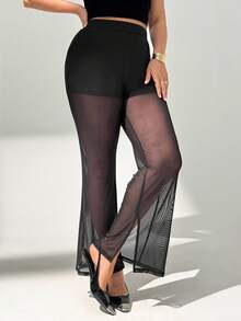 SHEIN Tall CURVE Celana Panjang Wanita Ukuran Besar Warna Cokelat untuk Musim Panas Gaya 70-an, Cocok untuk Pesta, Gym, Rave, dan Rave, Model Flare-Leg Transparan dengan Patchwork Jala, Pinggang Tinggi, Pas untuk Liburan - Hitam - View 4