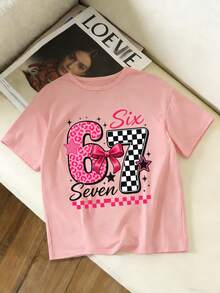 Tween Girls Casual Chic Sweet Minimalist "67" & "SIX SEVEN" Print Short Sleeve Round Neck T-Shirt, Summer Tops, Pink - Pink - View 2