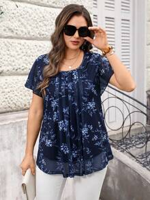 Miaspire Plus Size Women Summer Short Sleeve Floral Print Tunic Blouse, Summer Holiday,Vacation,Simple And Fashionable For Everyday Wear - Blue - View 1
