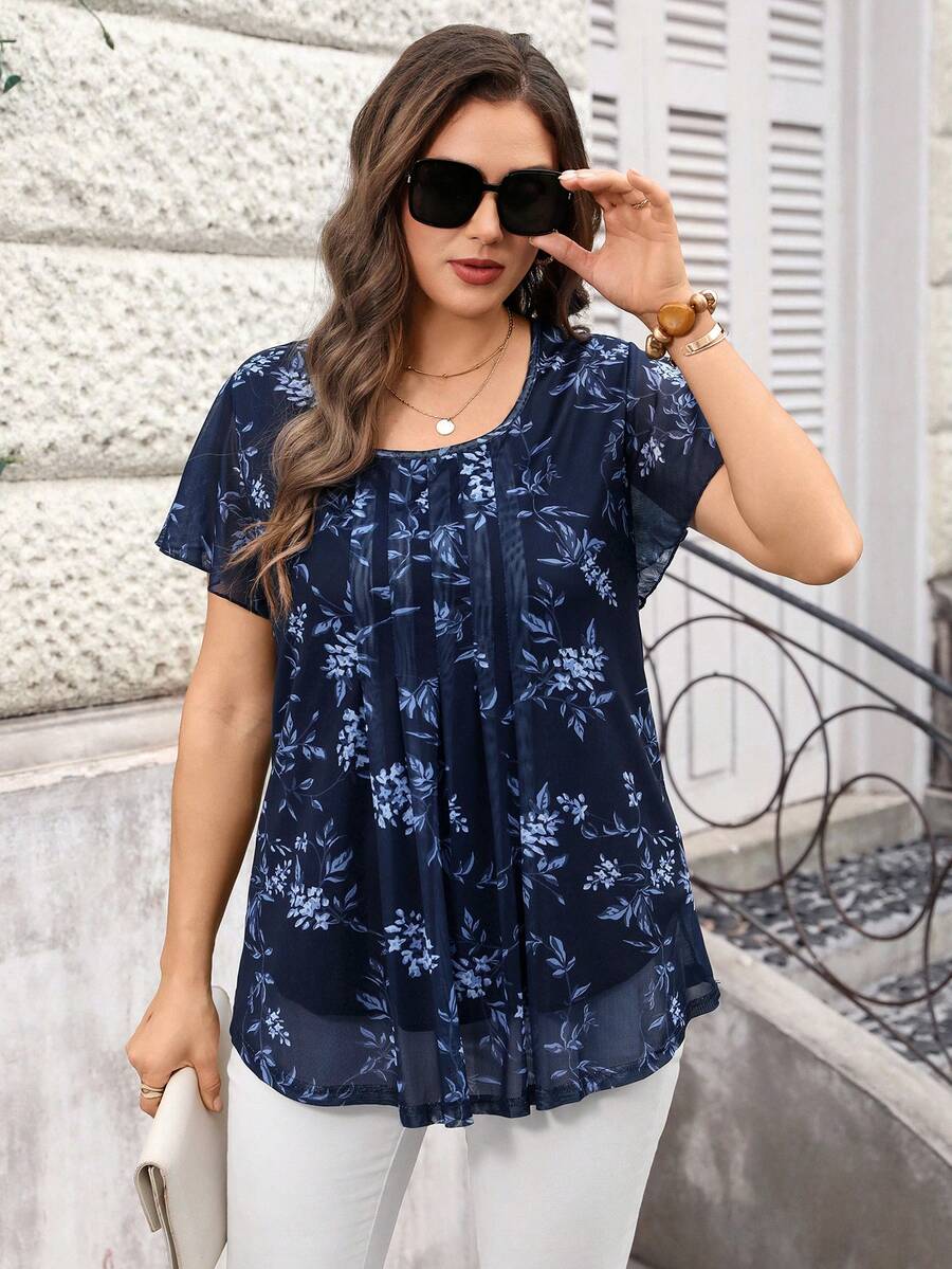 Miaspire Plus Size Women Summer Short Sleeve Floral Print Tunic Blouse, Summer Holiday,Vacation,Simple And Fashionable For Everyday Wear - Blue - View 1