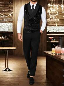 Manfinity AFTRDRK 男士商务休闲双排扣天鹅绒水钻西装套装，包含马甲和长裤，圆领设计更添时尚感和层次感，适合日常通勤、商务场合、派对和宴会穿着。这套西装是男士衣橱中不可或缺的百搭单品，也是送给男友或丈夫的绝佳礼物，尤其适合情人节、男友礼物等场合。男士西装套装包含马甲、男士晚礼服、男士黑色正装裤、男士黑色正装、男士正式优雅套装，适合日常休闲、周末旅行、户外活动、远足、轻松的工作环境或半正式场合，也是送给男友/丈夫的礼物，适合周年纪念/生日、派对、夏季假期、新年、婚礼、情人节等各种场合。男士西装马甲、男士礼服马甲、男士黑色马甲、男士婚礼马甲等都是不错的选择。 - 黑色 - 查看 7