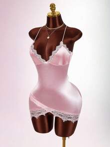 Amplova Women's Dusty Pink Contrast Lace Asymmetric Hem Bodycon Cami Mini Dress,Summer 70's Y2K Satin Velvet Lingerie,Club Night Party Disco Birthday Outfits - Pink - View 1