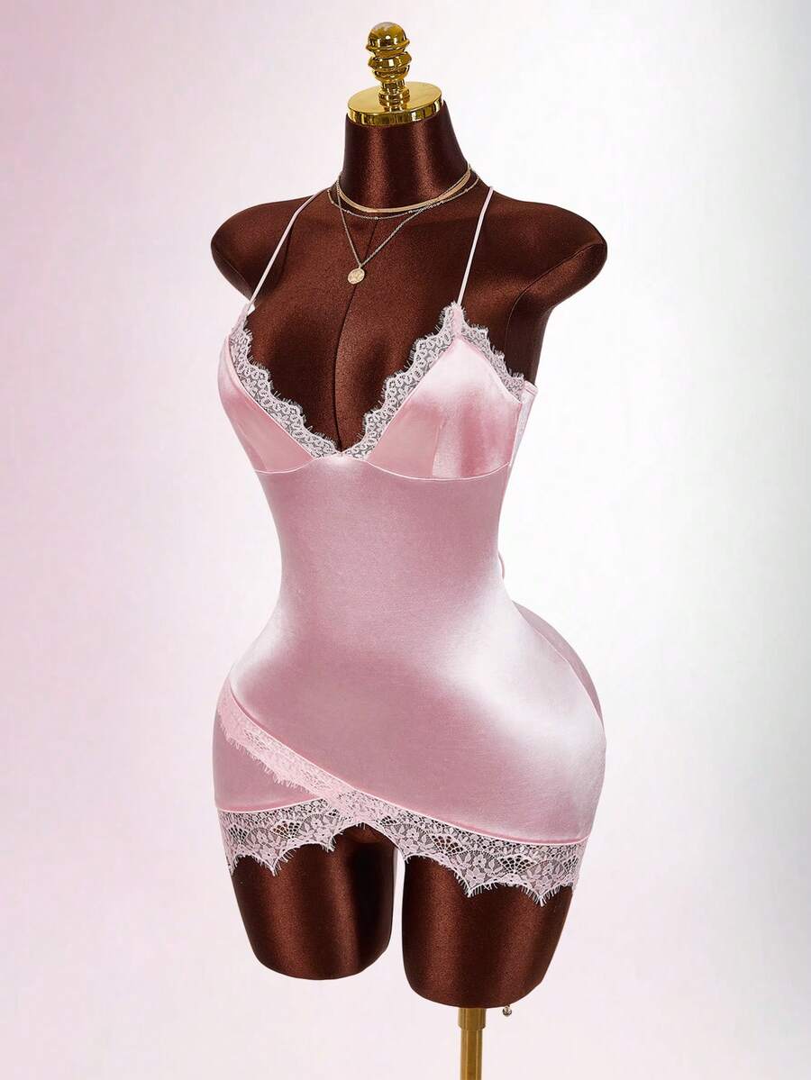 Amplova Women's Dusty Pink Contrast Lace Asymmetric Hem Bodycon Cami Mini Dress,Summer 70's Y2K Satin Velvet Lingerie,Club Night Party Disco Birthday Outfits - Pink - View 1