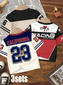 3件套幼儿男童休闲创意加州23徽章、星星、赛车王66条纹字母印花短袖T恤，舒适日常穿着，适合春、夏、秋季穿着 - 彩色 - 查看 2