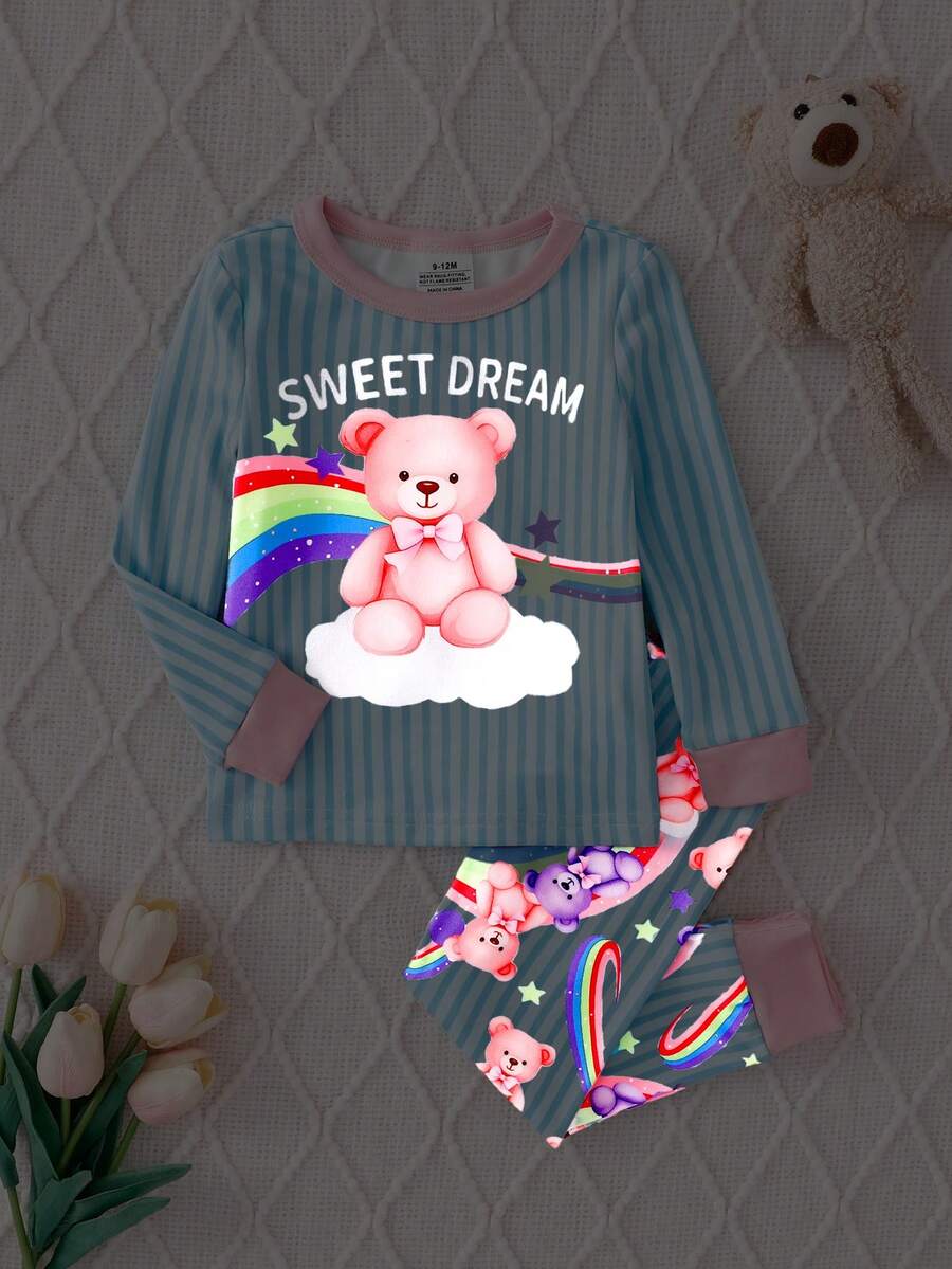 SHEIN 2pcs Baby Girls Snug Fit Long Sleeve Crew Neck Top And Long Pants Homewear Set, Knitted Fabric, Cute Bear Print, Comfortable And Soft - Blue - View 1