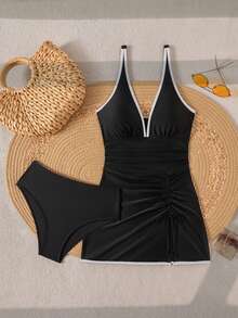Swim Chiccia Women's Elegant Deep V-Neck Drawstring Slit Black Swimsuit Dress,Summer Vacation Holiday One Piece Bathing Suits Set - Black - View 10