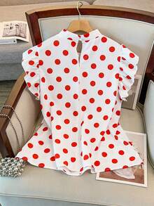 GlowEve CURVE Plus Size Women Polka Dot Cap Sleeve Bow Tie Blouse Valentine's Day - Red and White - View 2