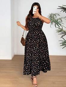 Vionelle Đầm cổ yếm họa tiết hoa nhí dáng rộng dành cho nữ cỡ lớn - Nhiều màu - Xem 6