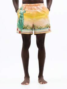 SUMWON Beach Board Shorts With Tropical Sunset Print And Classic Figure Graphic Design Elastic Waistband Drawstring Summer Vacation Swimming Trunks - Multicolor - View 3