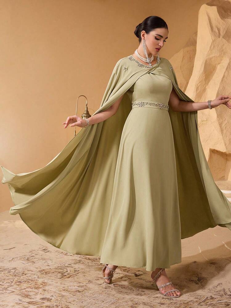 Modelyn Elegant Romantic Computer Rhinestone Decor Cinched Waist Young Women's Fashion Dress - Mustard Yellow - View 5