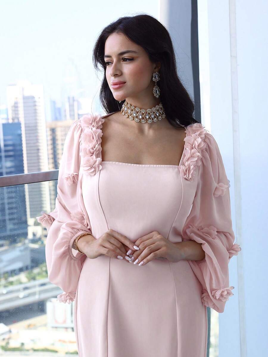 Women's Solid Color 3D Floral Decor Square Neck Lantern Sleeve Elegant Dress - Baby Pink - View 1