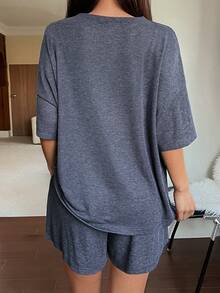 DAZY Minimalist Knitted Letter Decor Loose Women Pajama Set - Grey - View 2