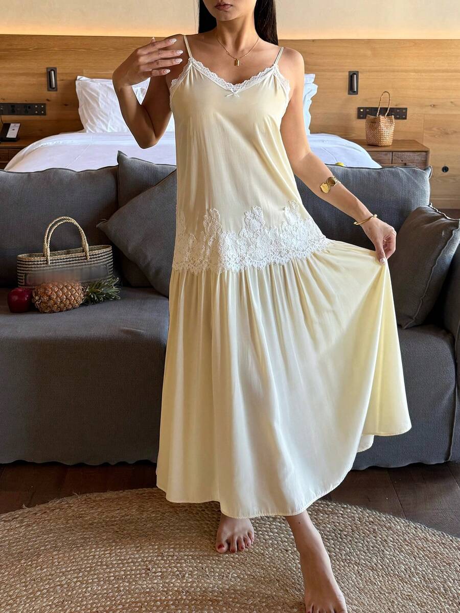 DAZY Vacation Style Romantic Lace Patchwork Spaghetti Strap Long A-Line Women Nightgown - Black - View 1